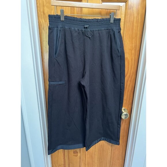 Athleta Hybrid Cropped MED Wide Leg Fleece Lined Pants Black Elastic Waist - Picture 1 of 8